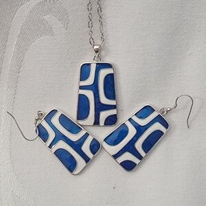 Blue and White Geometric Pendant and Earrings Set